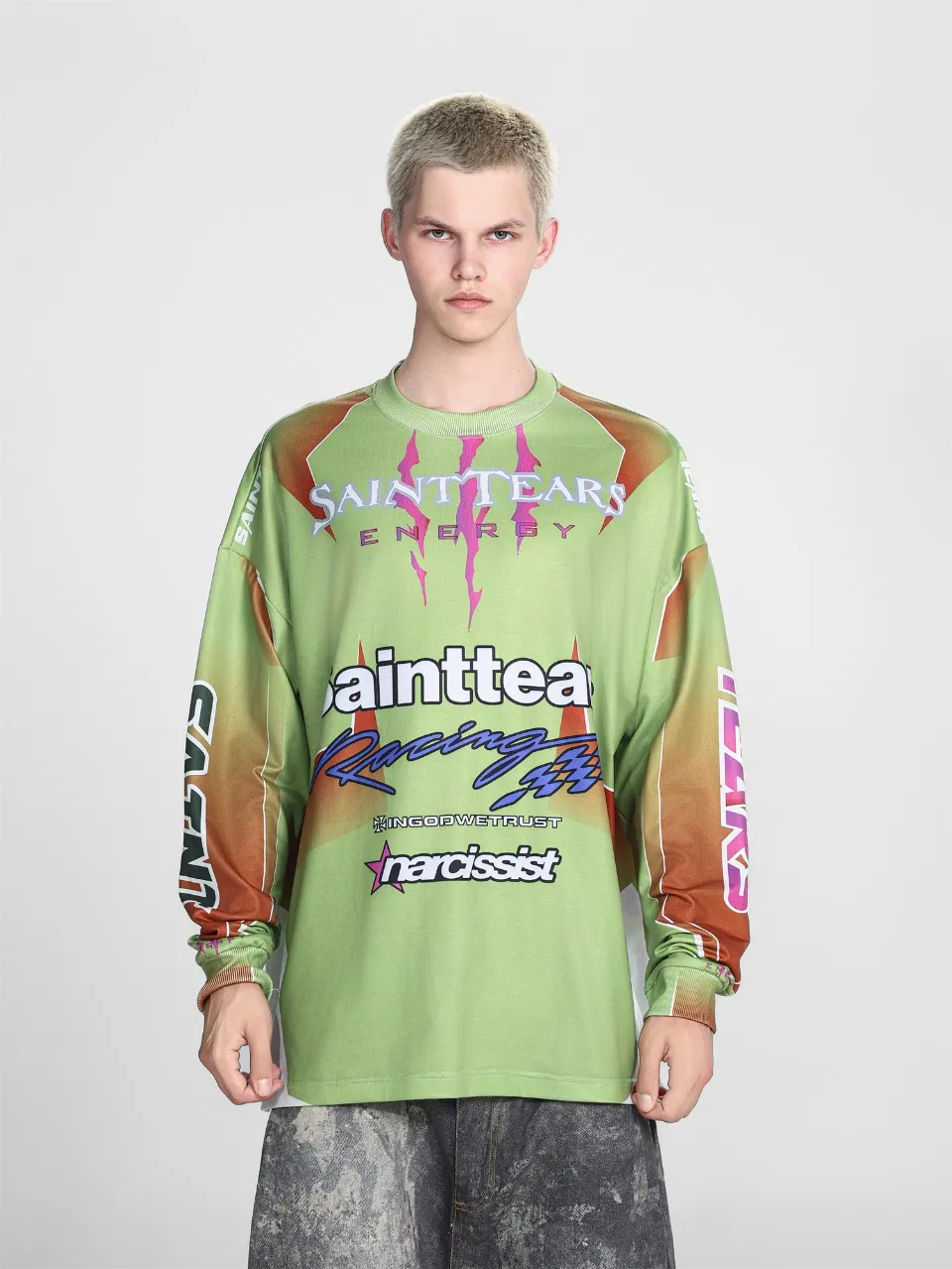 Saint michael tears all-over printed long-sleeved vintage autumn and winter T-shirt Style number: 116 Size: M L XL Wholesale price: 136 Color: blue yellow